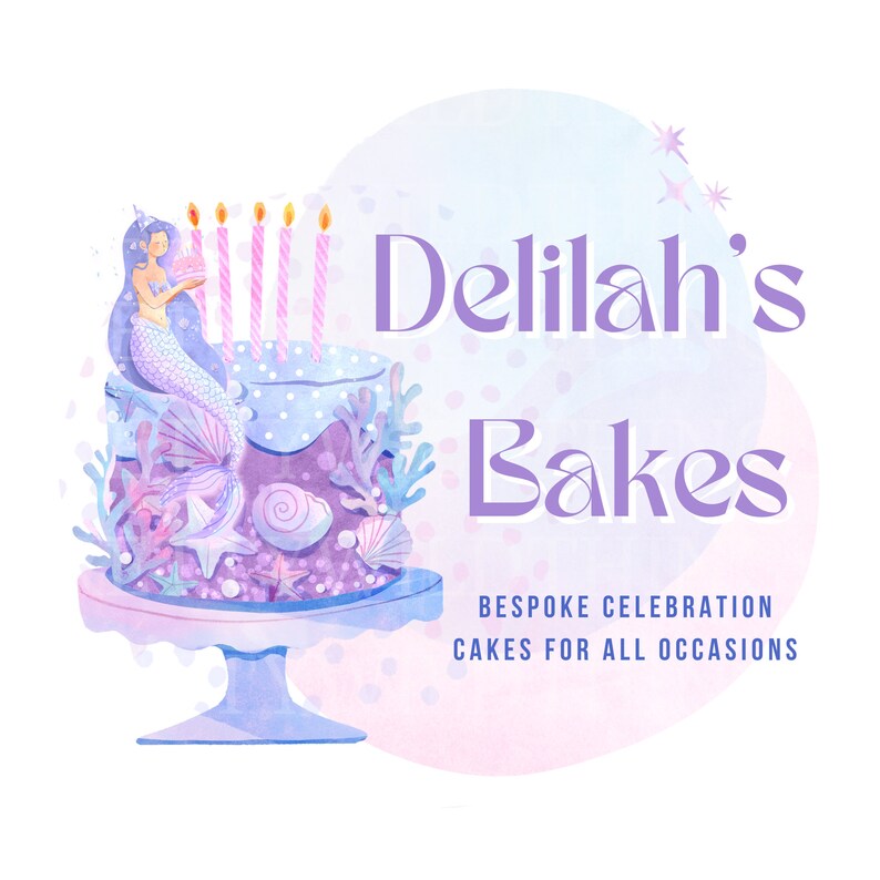 Premade Mermaid Cake Logo / Bakery Logo / Party Planning / Celebration Cakes Logo / Watercolour Logo Personalise a Logo BRANDING KIT image 1