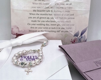 Baptism Bracelet Girl: Sterling Silver Cross, Crystal Pearl Christening Gift