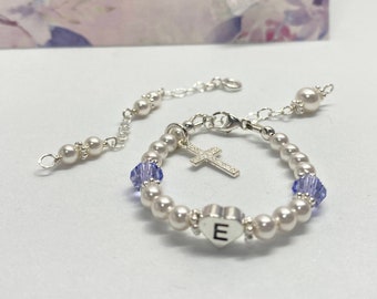 Baptism Bracelet Girl: Sterling Silver Cross, Pearl Christening Gift BW015