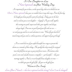 May include: A wedding ceremony script with purple text that says "To Our Daughter-in-Law" and "Name (optional), on Your Wedding Day". The script includes a message welcoming the new daughter-in-law to the family and wishing them joy and love in their future together. The script also includes a reminder of three things:  overjoyed tears, a lustrous white pearl, and a beautiful bonus daughter. The script ends with "Love, Your Names" and "Wedding date (optional)".