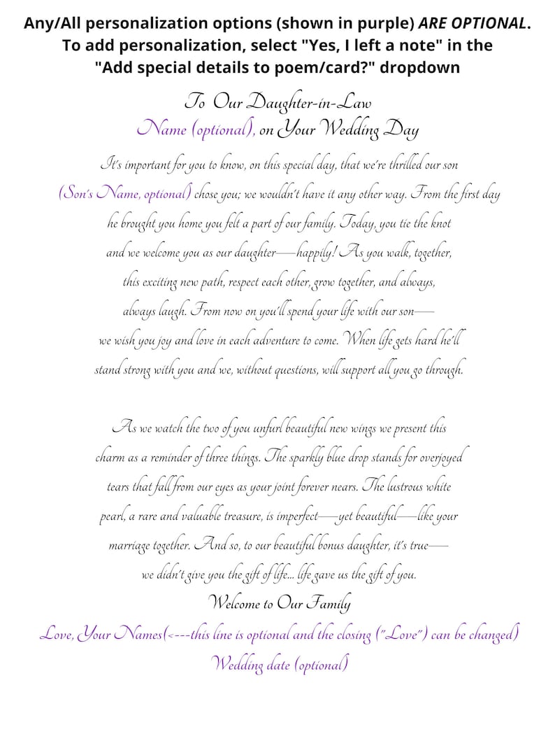 May include: A wedding ceremony script with purple text that says "To Our Daughter-in-Law" and "Name (optional), on Your Wedding Day". The script includes a message welcoming the new daughter-in-law to the family and wishing them joy and love in their future together. The script also includes a reminder of three things:  overjoyed tears, a lustrous white pearl, and a beautiful bonus daughter. The script ends with "Love, Your Names" and "Wedding date (optional)".