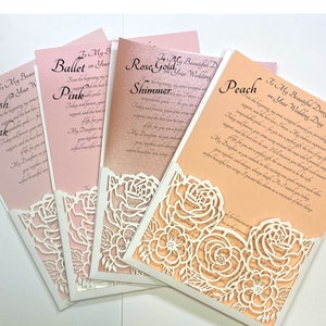 May include: Four wedding cards with different colored backgrounds and lace designs. The cards have text that reads "To My Beautiful Daughter" and "Ballet on Your Wedding Day", "Rose Gold Shimmer on Your Wedding Day", "Peach on Your Wedding Day", and "Blush on Your Wedding Day".