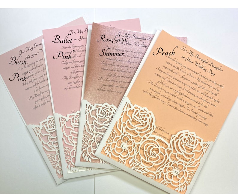 May include: Four wedding cards with different colored backgrounds and lace designs. The cards have text that reads "To My Beautiful Daughter" and "Ballet on Your Wedding Day", "Rose Gold Shimmer on Your Wedding Day", "Peach on Your Wedding Day", and "Blush on Your Wedding Day".