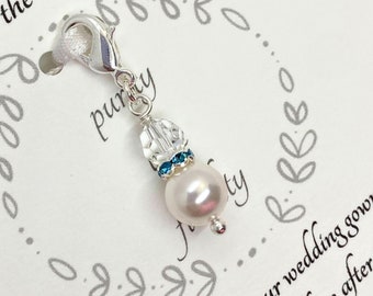 Something Blue for Bride-Something Old Something Blue Charm for Bride-Aquamarine Blue-Wedding Gown Charm-Pearl and Crystal Bouquet Charm