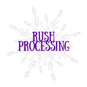 May include: Purple text on a white background with a stylized floral design. The text reads "Rush Processing".