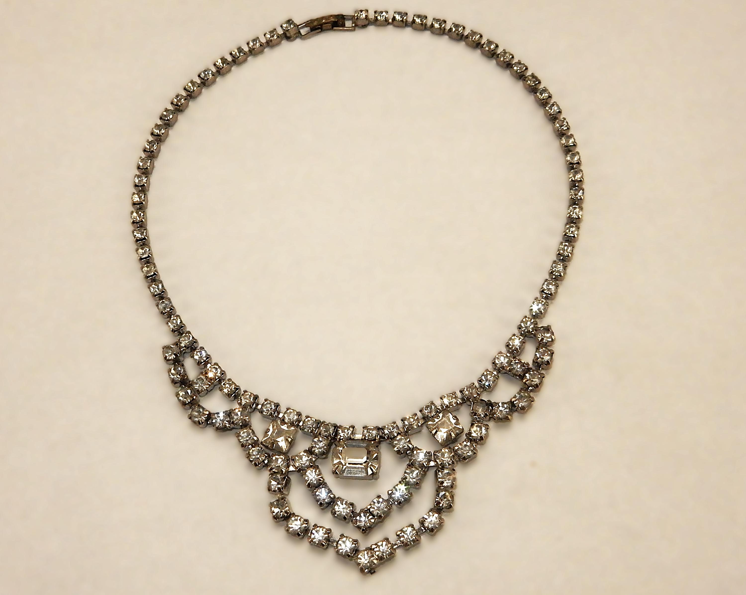 15" Silver Tone Choker Necklace, Elegant Necklace, White Rhinestones, JWL-500