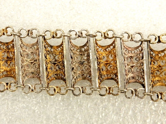 Silver & Gold Tone Bracelet, Filigree Half-Cylind… - image 8