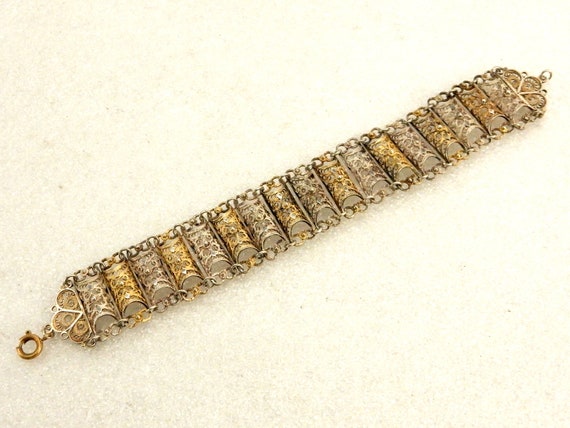 Silver & Gold Tone Bracelet, Filigree Half-Cylind… - image 5
