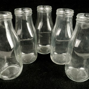 Lot of 5 Square Vintage Glass Milk Bottles, 10 Oz, Unmarked, Threaded, No Lids