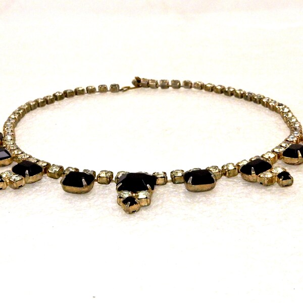 15" Black Onyx & Rhinestone Choker Necklace, Vintage Fashion Jewelry, JWL-092