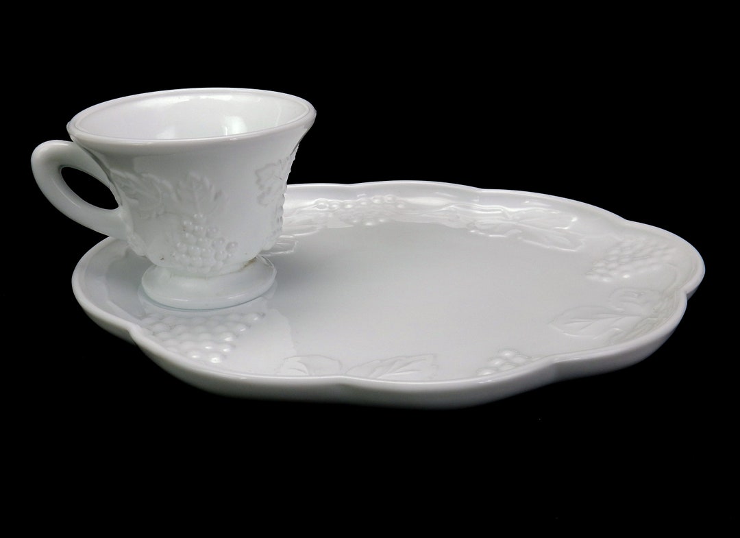 Milk Glass Snack Plate & Cup Set, Harvest Grapes Pattern, Vintage
