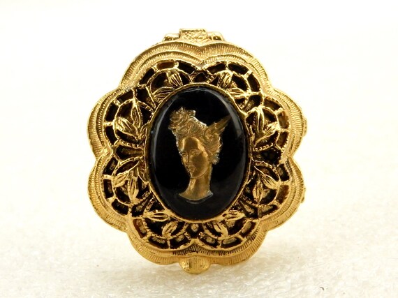 Vintage Brass Snuff/Pill Box, Gold Tone, Black En… - image 2