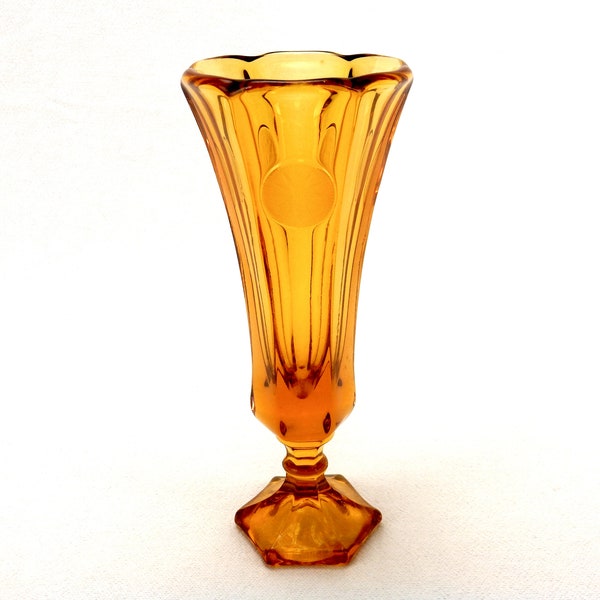 Honey Amber Coin Glass 8" Bud Vase, Footed, Fluted Scalloped Rim, Fostoria Glass