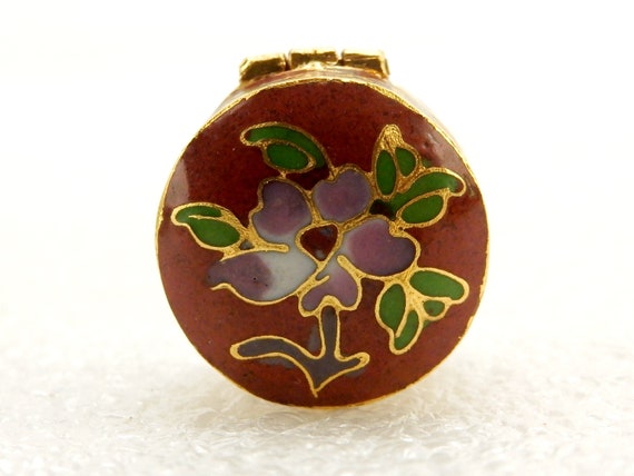 Round Miniature Snuff/Pill Box, Cloisonne Floral … - image 4