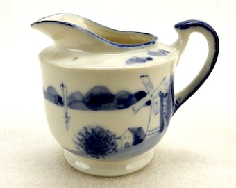 Vintage Ceramic Cream Pitcher, Broad Spout, Delft Blue Windmill Scene, Footed