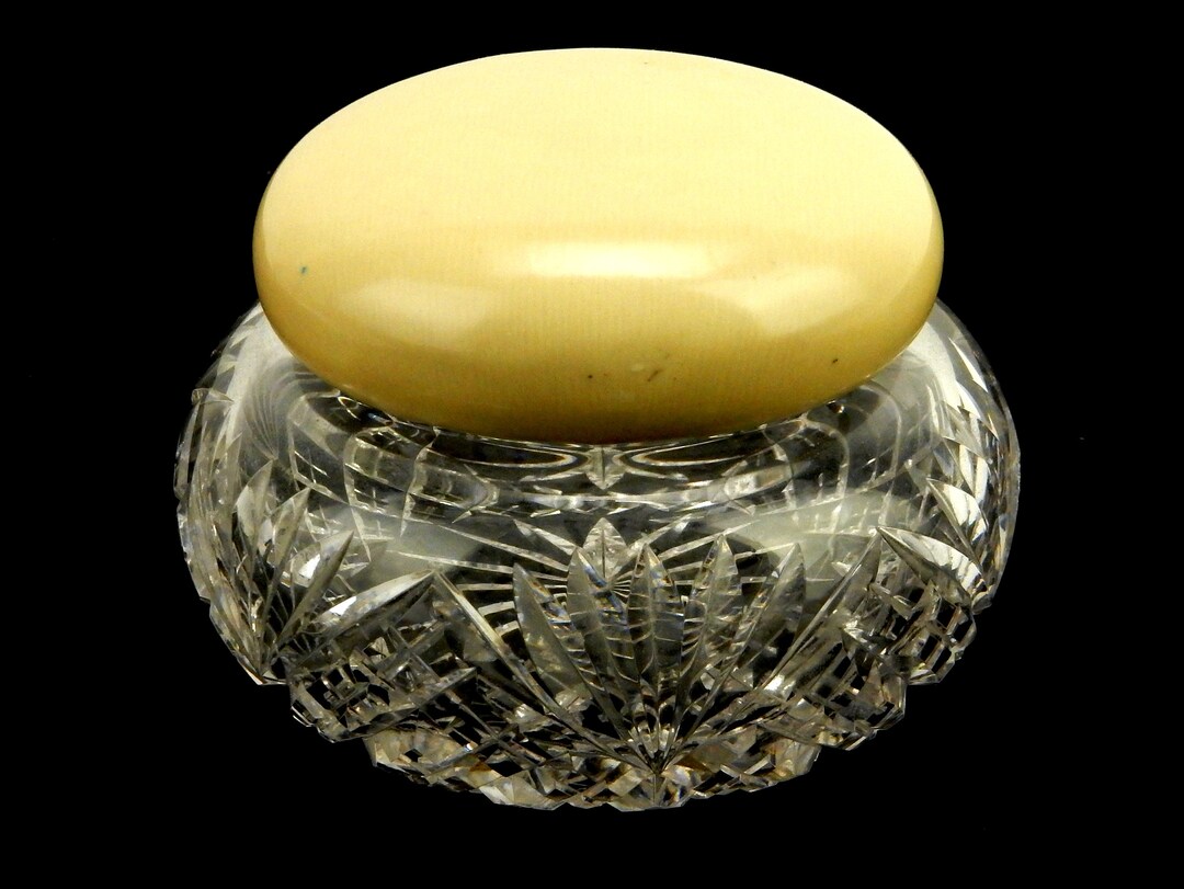 Cut Glass Powder Jar W/bakelite Lid Fans & Diamonds Etsy