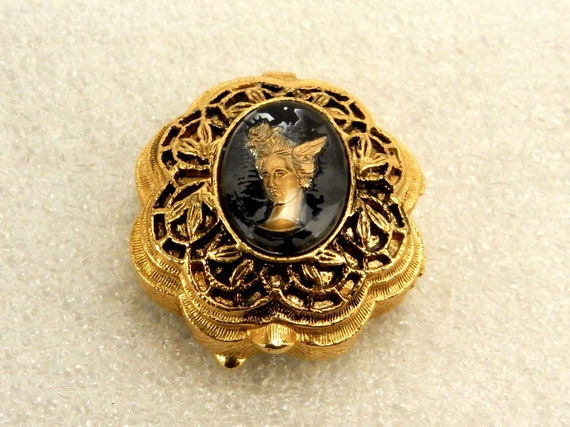 Vintage Brass Snuff/Pill Box, Gold Tone, Black En… - image 1