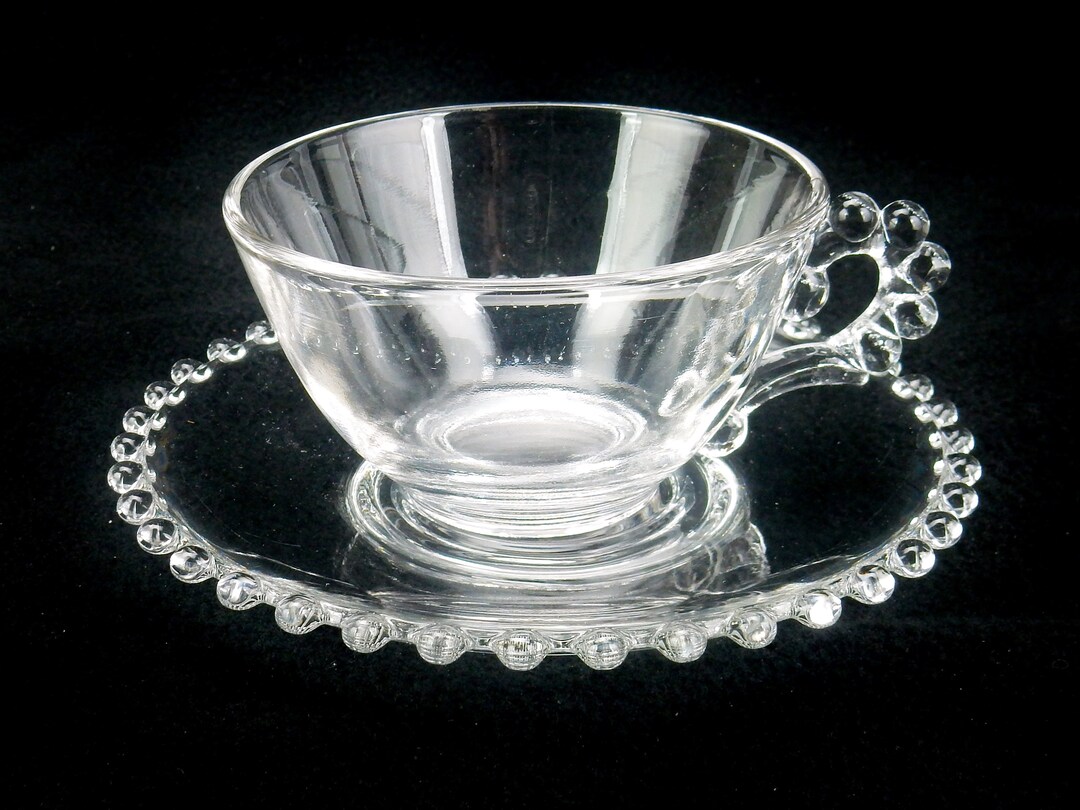 Clear Glass Coffee Cup & Saucer Set, Imperial Glass Candlewick Pattern
