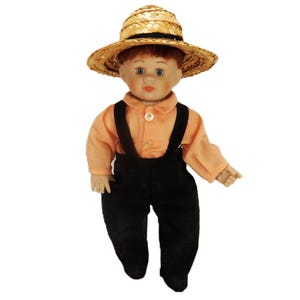 Amish Boy Doll, Straw Hat, Red Hair, Black Overalls, Plastic Body Parts, Vintage