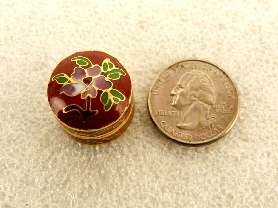 Round Miniature Snuff/Pill Box, Cloisonne Floral … - image 3