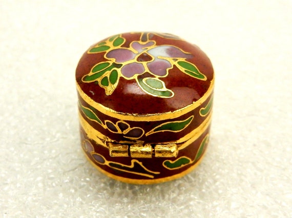 Round Miniature Snuff/Pill Box, Cloisonne Floral … - image 2