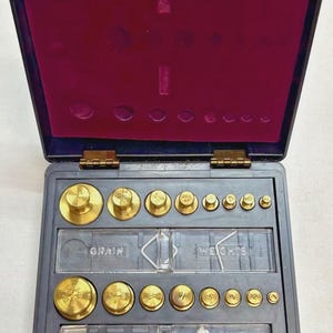 Vintage Ohaus Brass Pharmacy Weight Set w/ OZ and Gram Weights Original