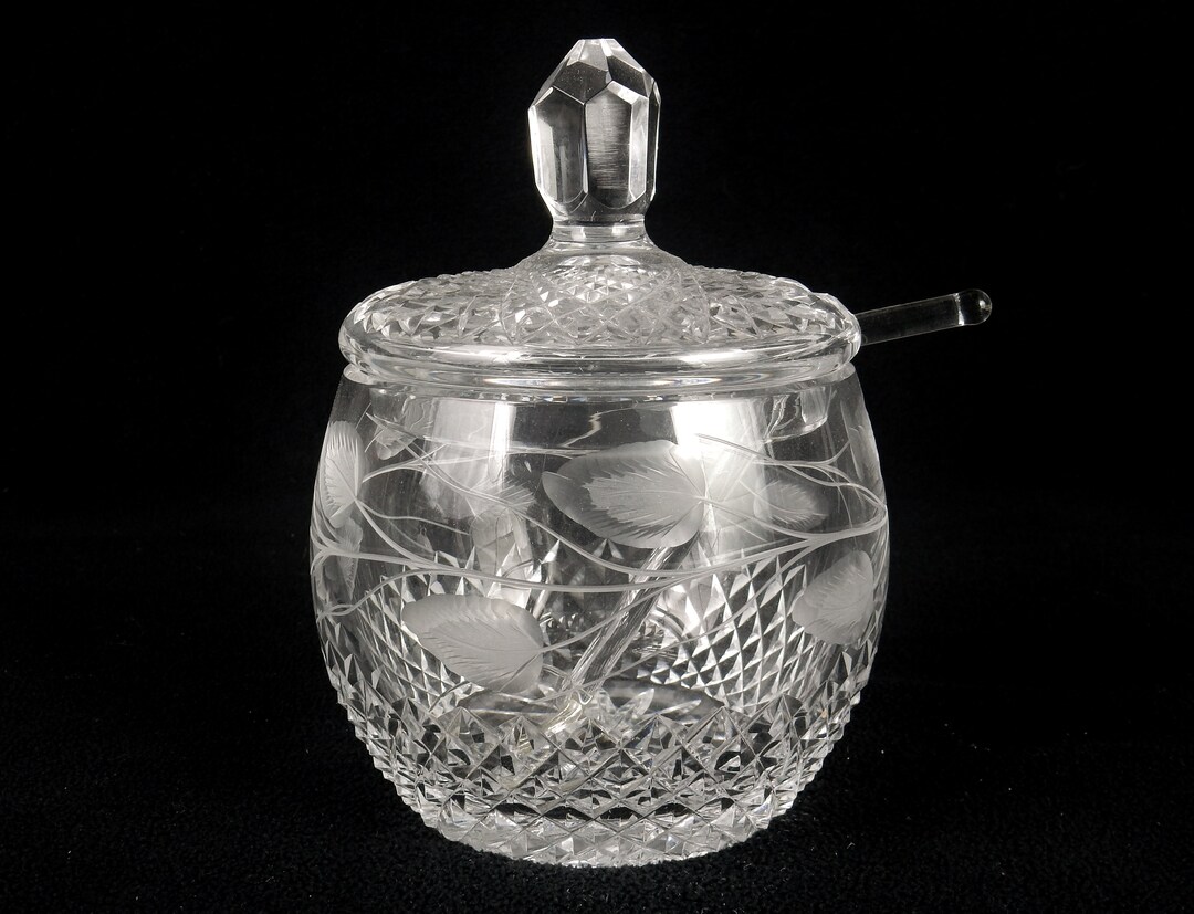 Glass Condiment Jar W/spoon & Lid Spiraled Crosshatch Etched Etsy