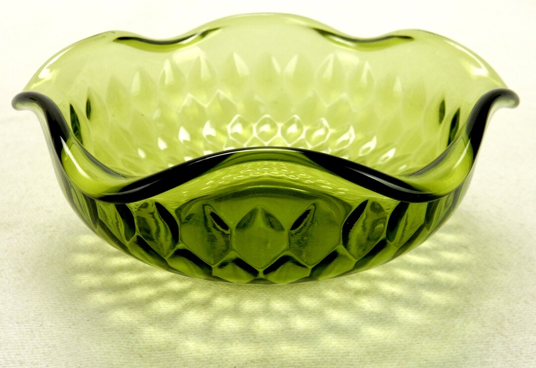 Green Glass Candy Bowl Diamond Pattern Ruffled Rim Pedestal Etsy