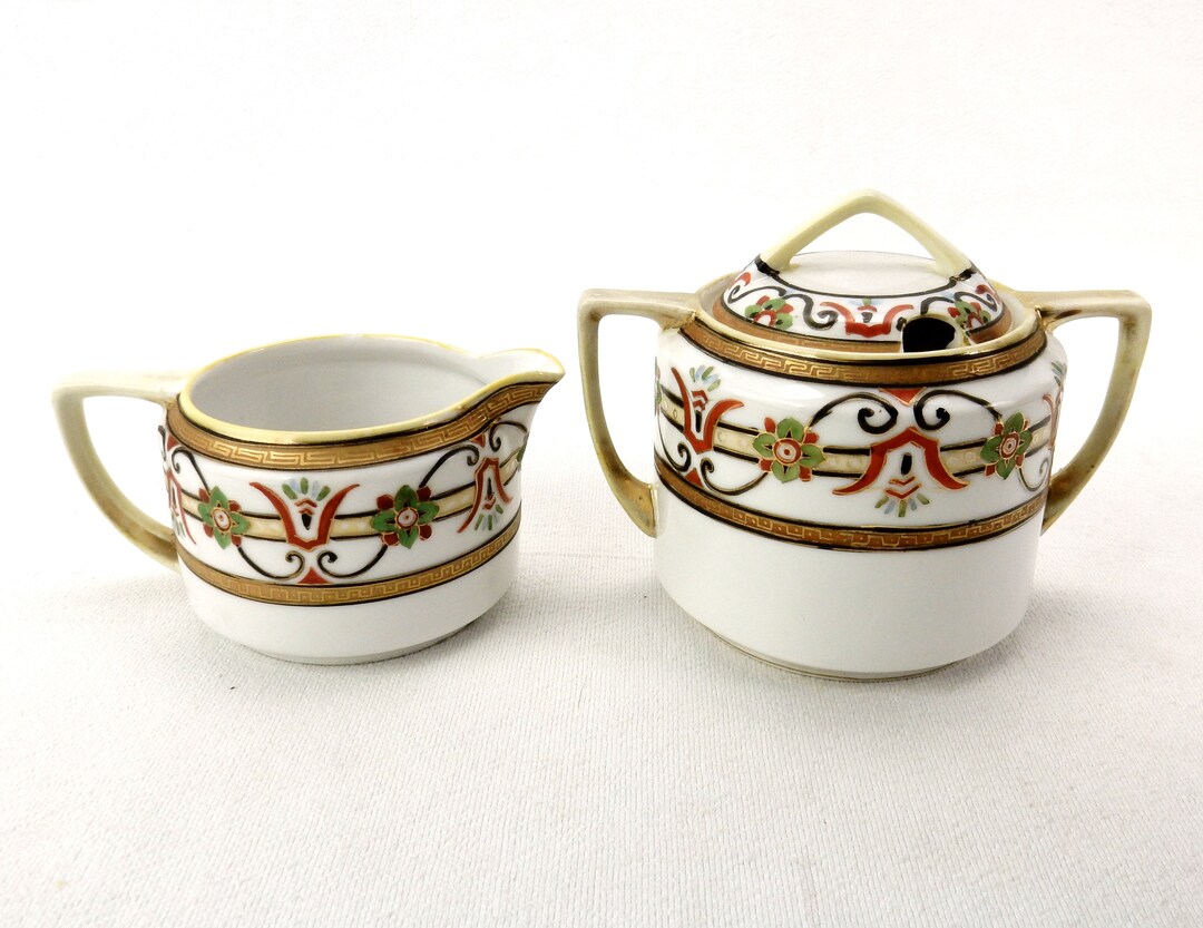Vintage Cream & Sugar Bowl Set, Hand Painted Nippon, Floral Pattern