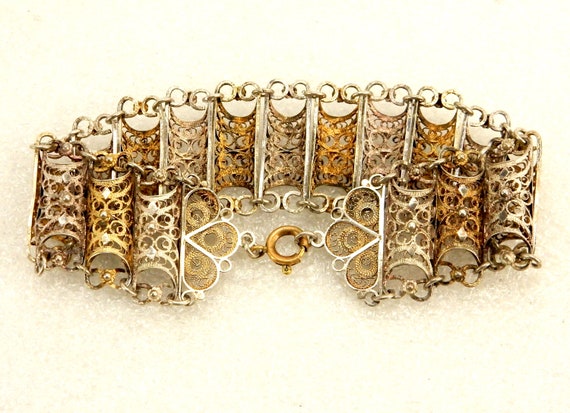 Silver & Gold Tone Bracelet, Filigree Half-Cylind… - image 4