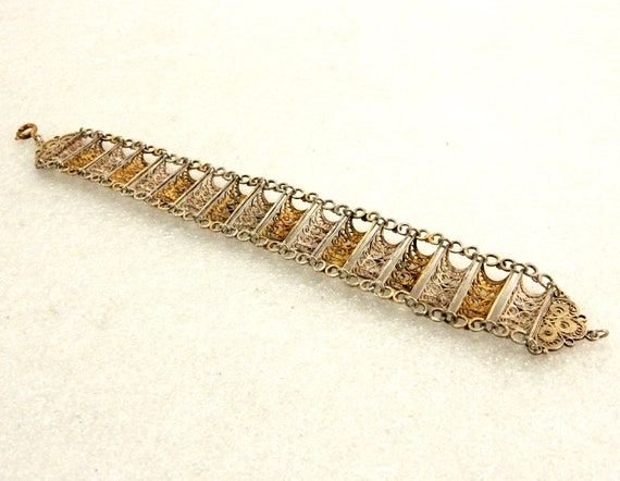 Silver & Gold Tone Bracelet, Filigree Half-Cylind… - image 6