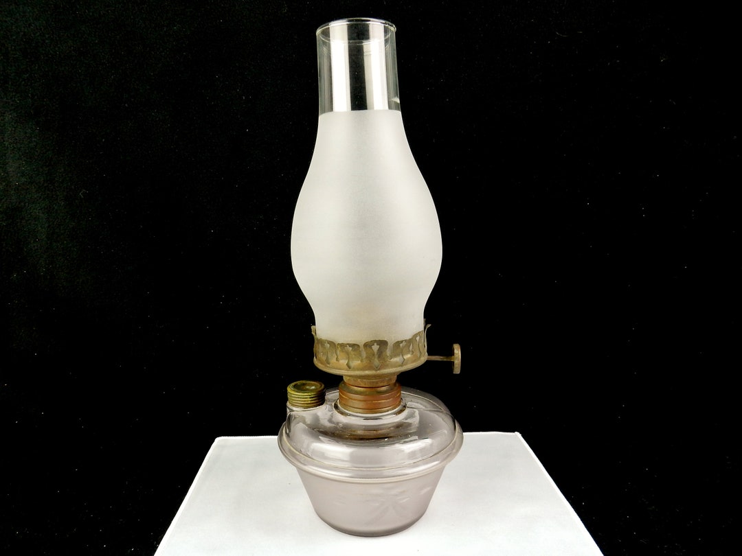Pressed Glass Oil Lamp, 13, Climax Burner, Frosted Chimney, No Wick