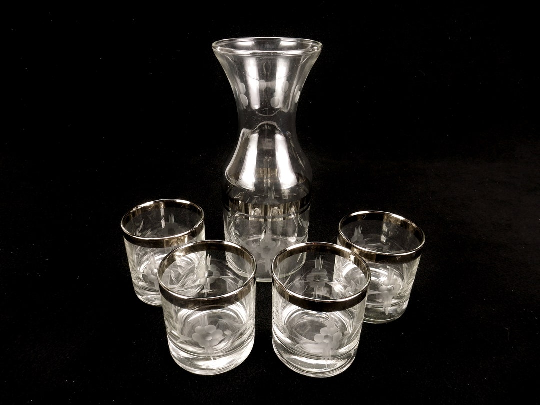 Vintage Glass Juice Carafe With 4 Glasses, Etched Floral Pattern