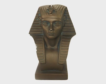 King Tutankhamun Bust, Bronze Painted Plaster Statue, Patina & Scuffs, Vintage