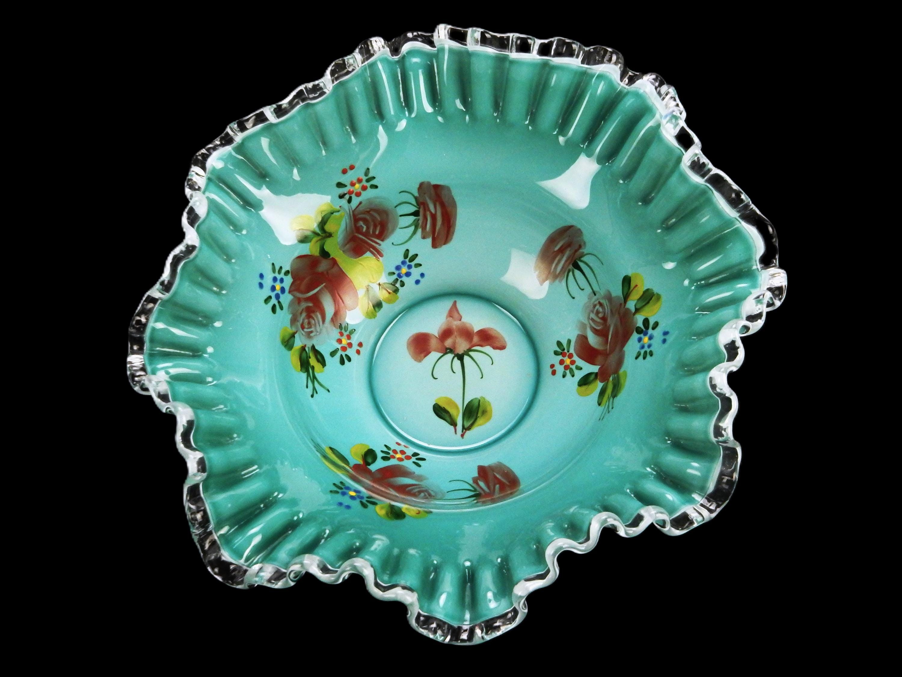 mayo様 Turquoise Silver Crest Bride's Bowl, Fenton Art Glass, Red Roses