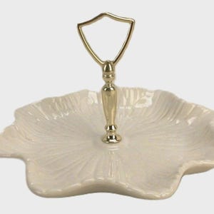 White Porcelain Tid-Bit Serving Tray, Gold Tone Handle, Ruffled & Scalloped