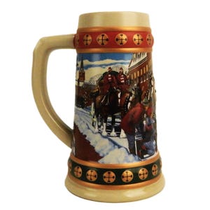 1994 Budweiser Hometown Holiday Stein, Christmas Clydesdales, Ceramarte, Brazil