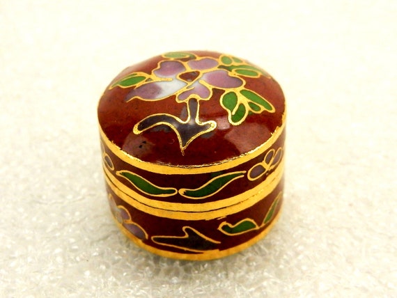 Round Miniature Snuff/Pill Box, Cloisonne Floral … - image 1