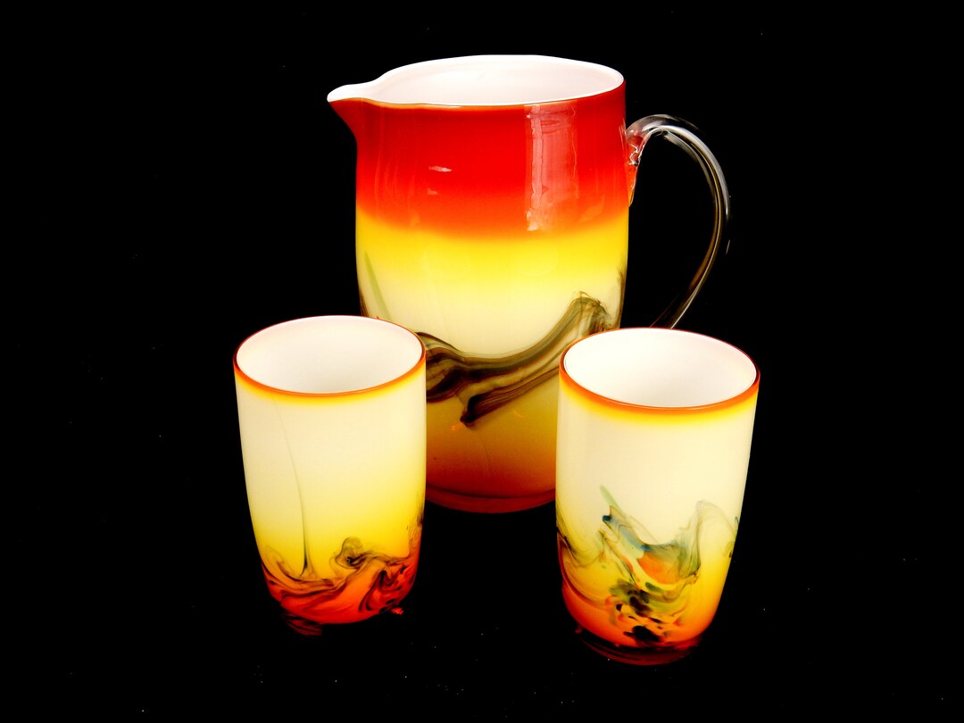 Amberina Milk Glass Pitcher & 2 Glasses, Southwestern Style, Streaked