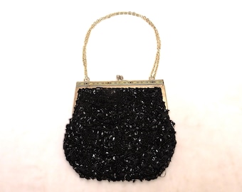Black Beaded Sequin Evening Bag, Brass Frame, Gold Tone Strap Handle, Hong Kong