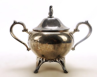 Silver Tone Sugar Bowl w/Lid, Four-Footed Base, Ear Handles, Vintage