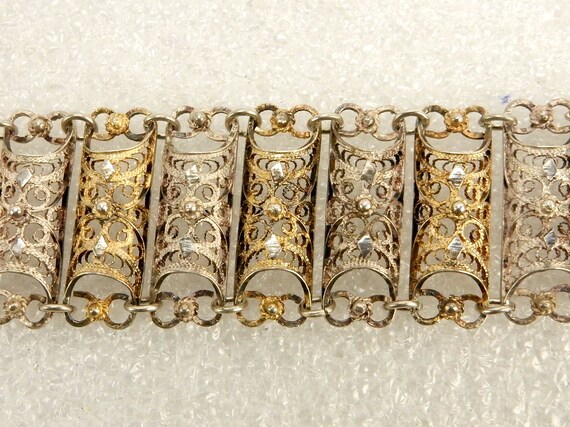 Silver & Gold Tone Bracelet, Filigree Half-Cylind… - image 7