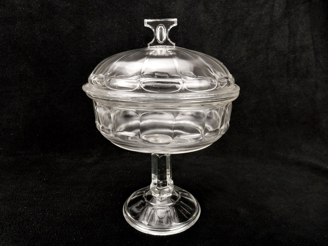 Glass Compote W/lid, Pedestal Serving Bowl, Candy Dish, Thumbprints ...