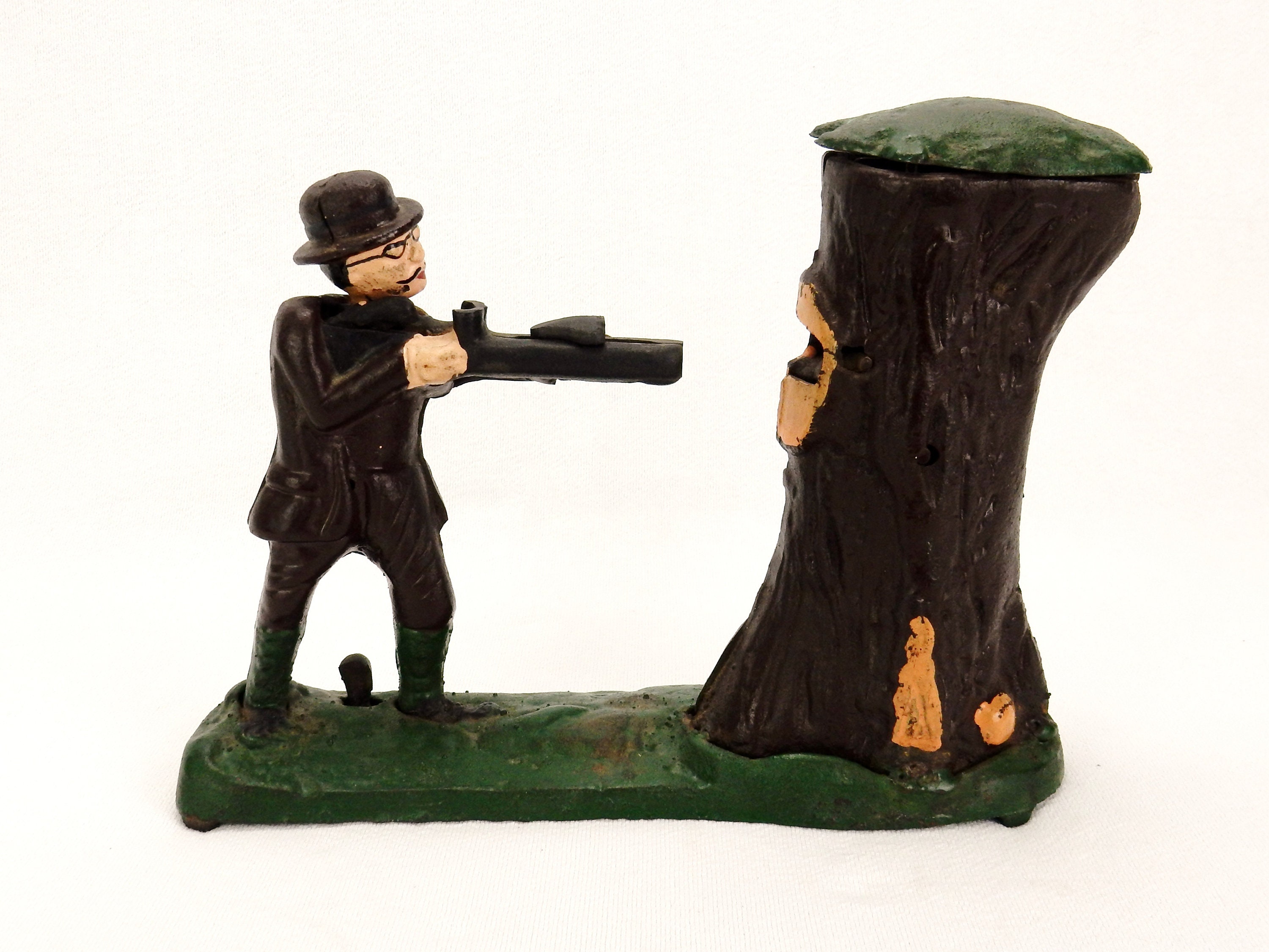fami Cast Iron Mechanical Coin Bank, Hunter Shooting Tree Bear