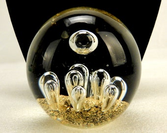 Glass Ball Paperweight, Large Controlled Bubbles, Gold Glitter, BEAUTIFUL!