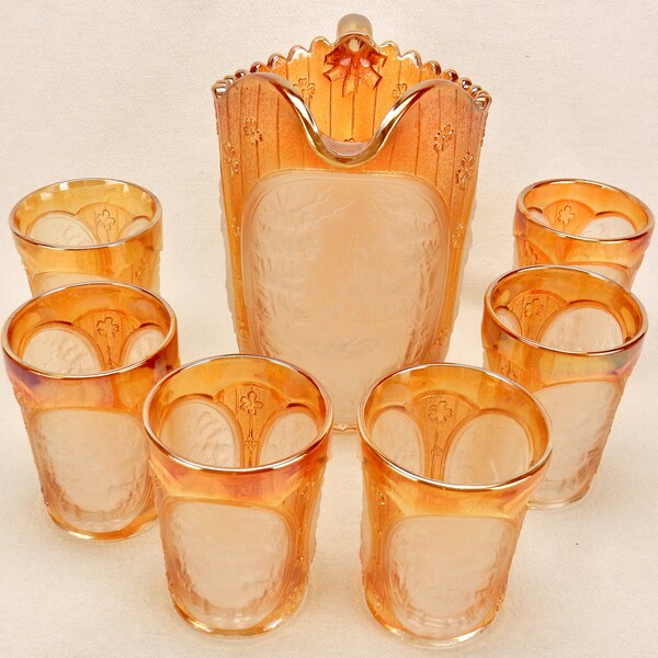 Carnival Glass Pitcher and Glasses Etsy