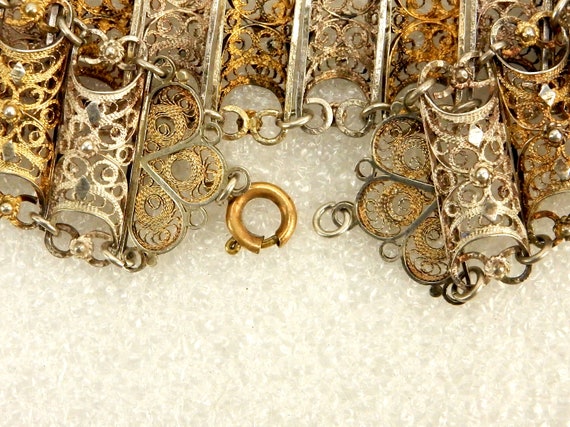 Silver & Gold Tone Bracelet, Filigree Half-Cylind… - image 9