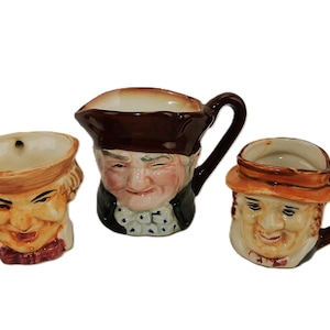 Lot of 3 Porcelain Toby Style Character Jugs, 1 Small/2 Mini, Made in Japan