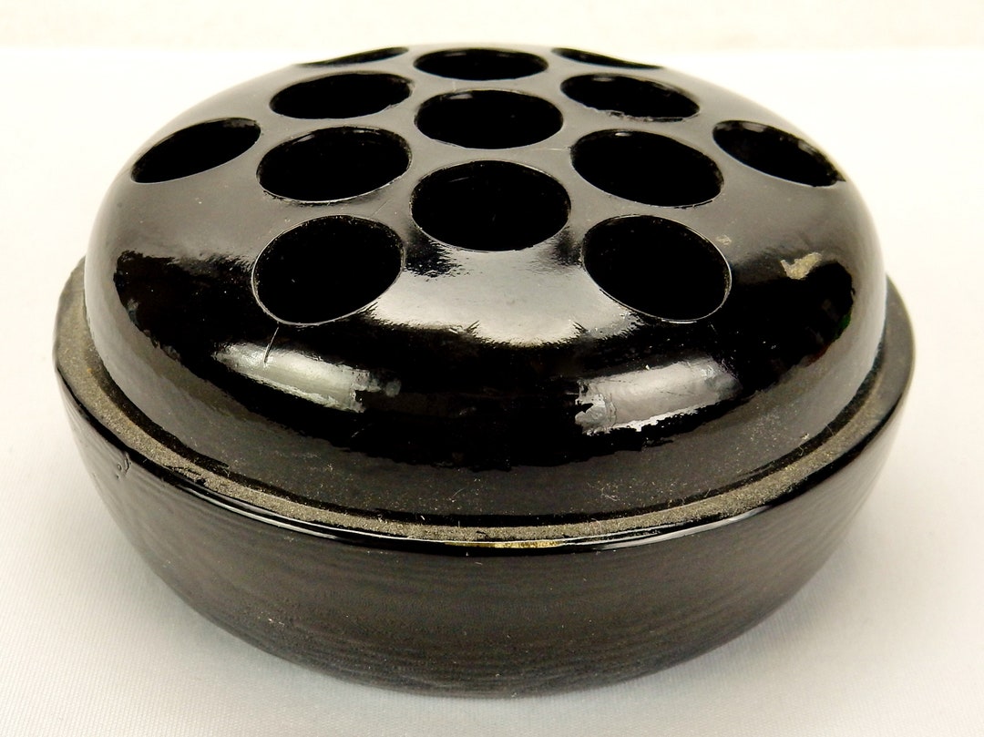 Vintage Glass Flower Frog, 13 Hole Floral Arrangement, Black Glass, 3 1