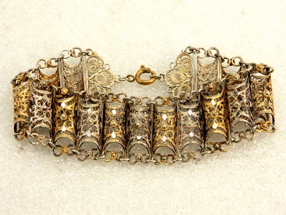 Silver & Gold Tone Bracelet, Filigree Half-Cylind… - image 3